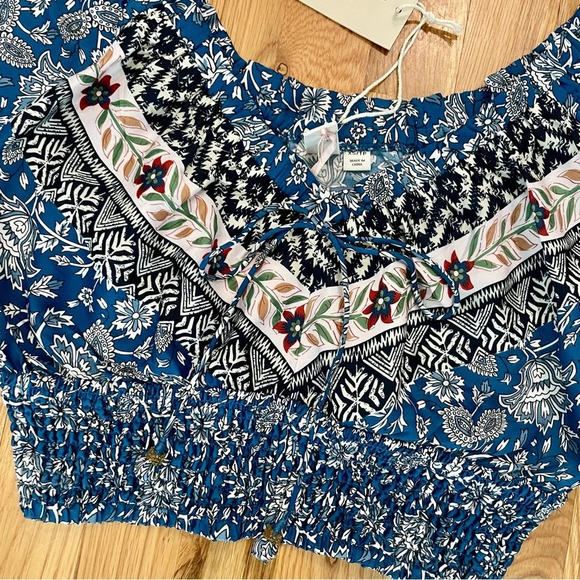 NWT Joie Floral Blue Paisley Crop Top Off Shoulder Puff Sleeves Size XS - Picture 2 of 5